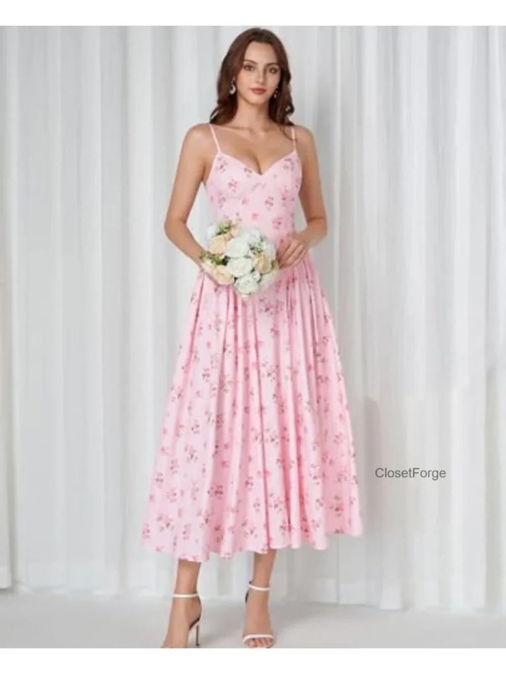 Flowy Fit & Flare Midi Dress, Lace Up Back, V-Neck, Adjustable Straps, High